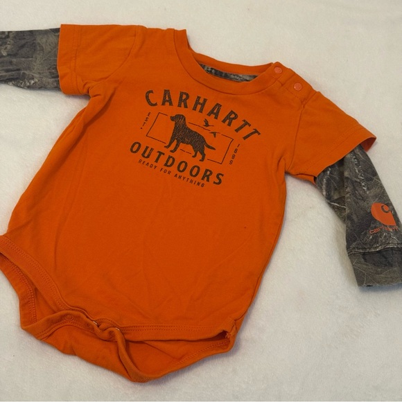 Carhartt Other - Carhartt Orange and Camo Layered Baby Bodysuit Onesie with Hunting Dog Graphic